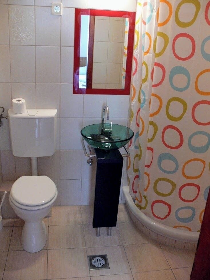 Shower, towels, soap, toilet paper