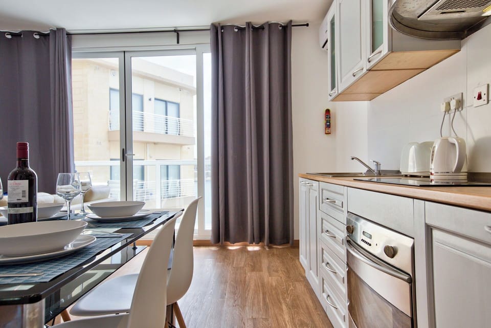 Fridge, oven, electric kettle, toaster