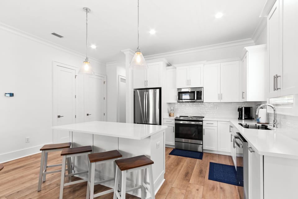 Modern kitchen with island seating.