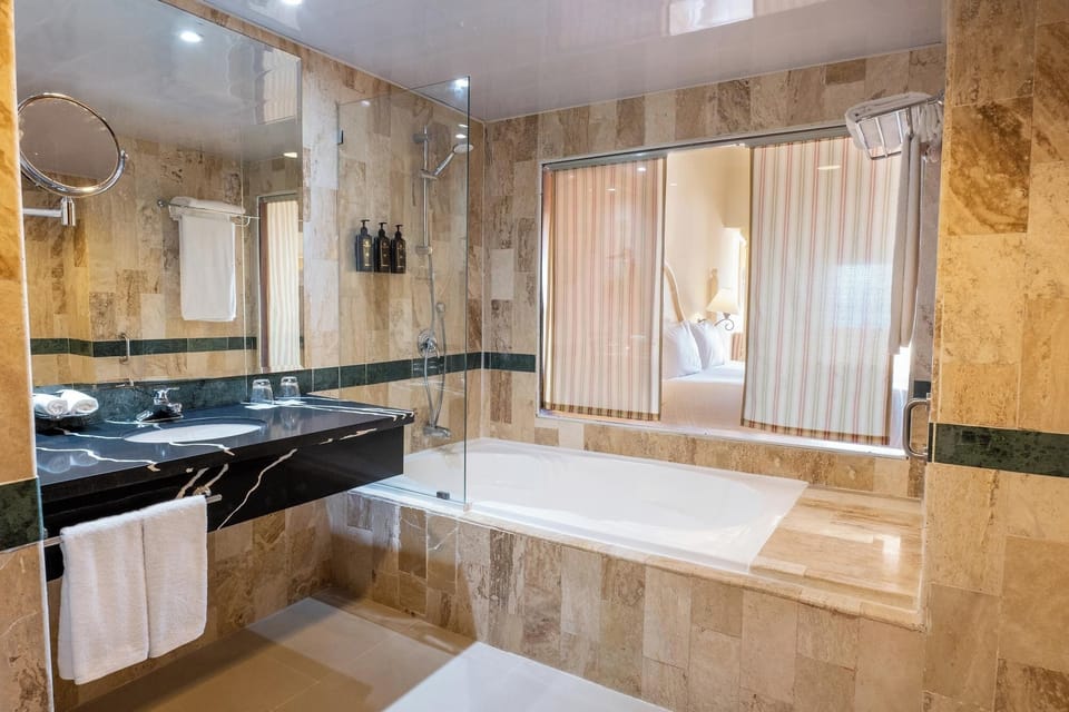 Separate tub and shower, hair dryer, towels