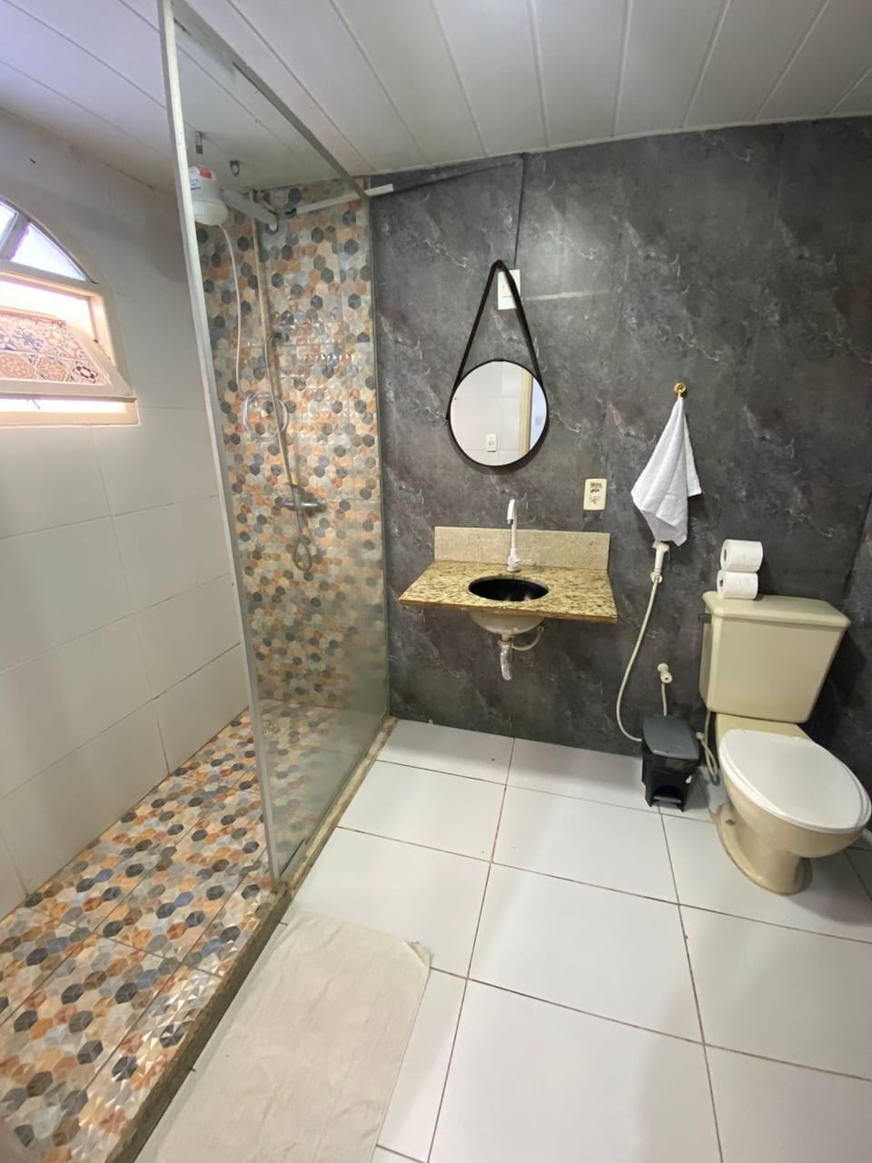 Shower, towels, toilet paper