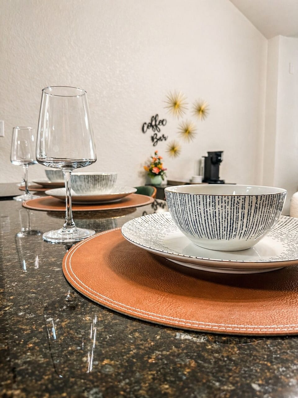 Glass and plastic dinnerware provided.