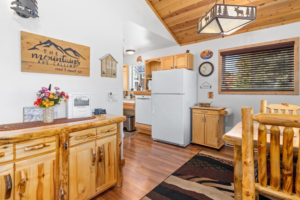 Cozy kitchen and dining area with rustic wood charm