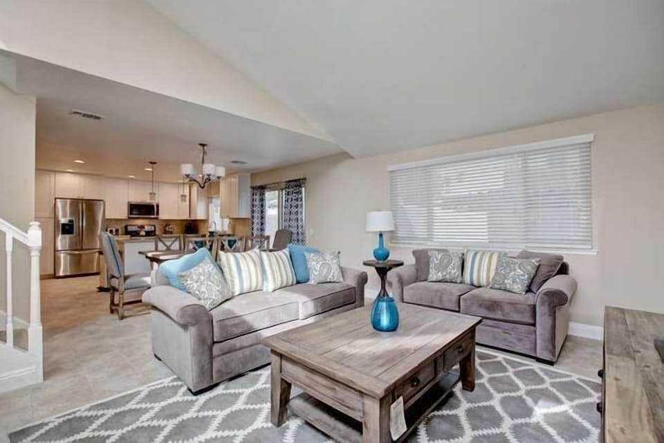 First floor offers open floor plan with sleeper sofa.