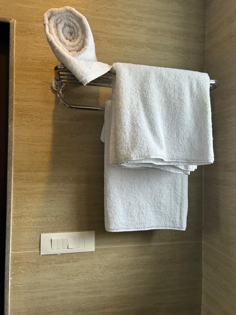 Shower, free toiletries, towels, soap