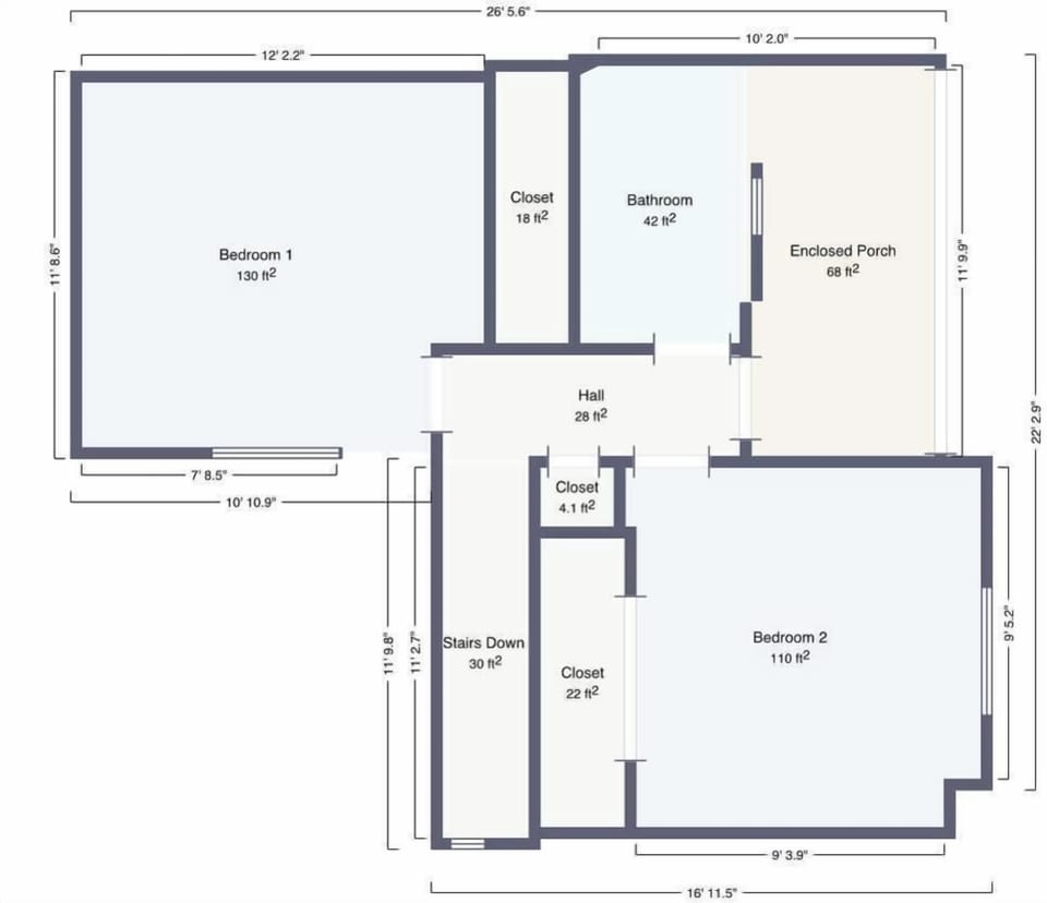Study the upper level layout featuring two spacious bedrooms, a full bathroom, enclosed porch, and ample closet storage.