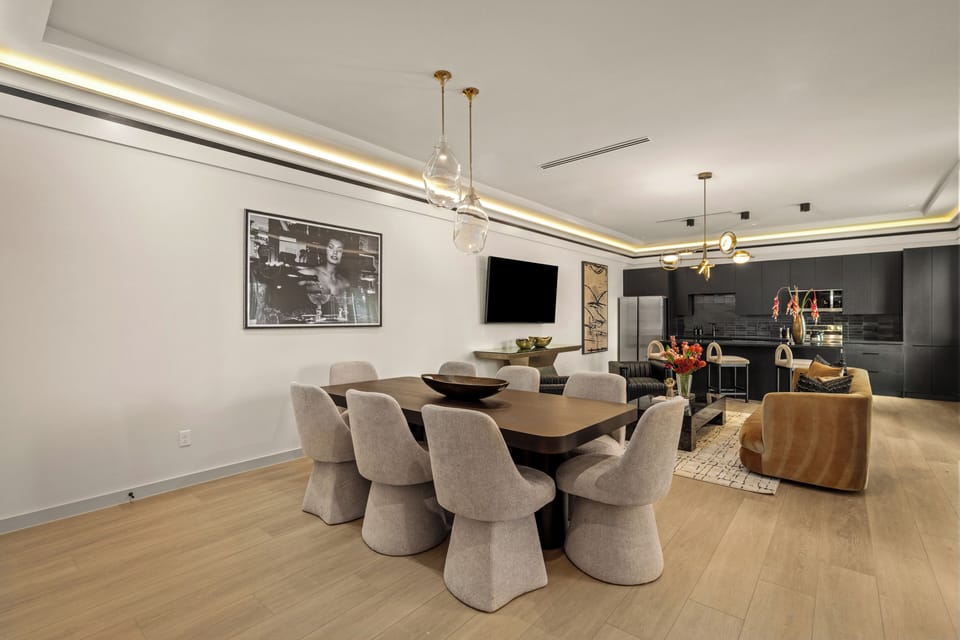 Enjoy meals together at this dining table for eight.
