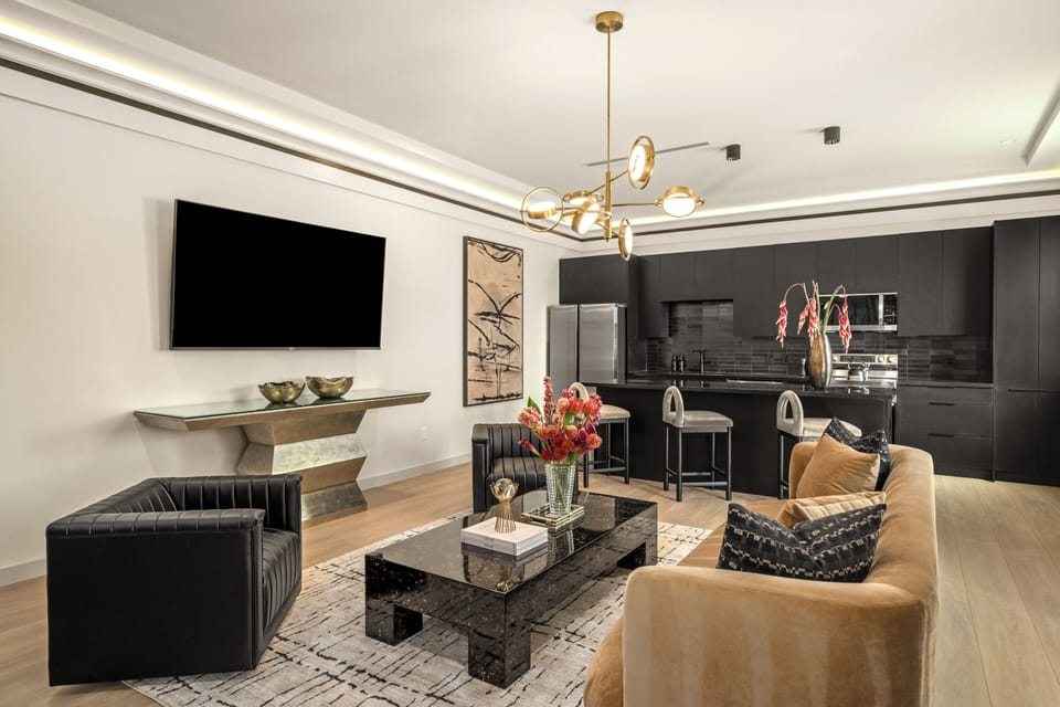 Spacious open layout connecting the living room and kitchen.

