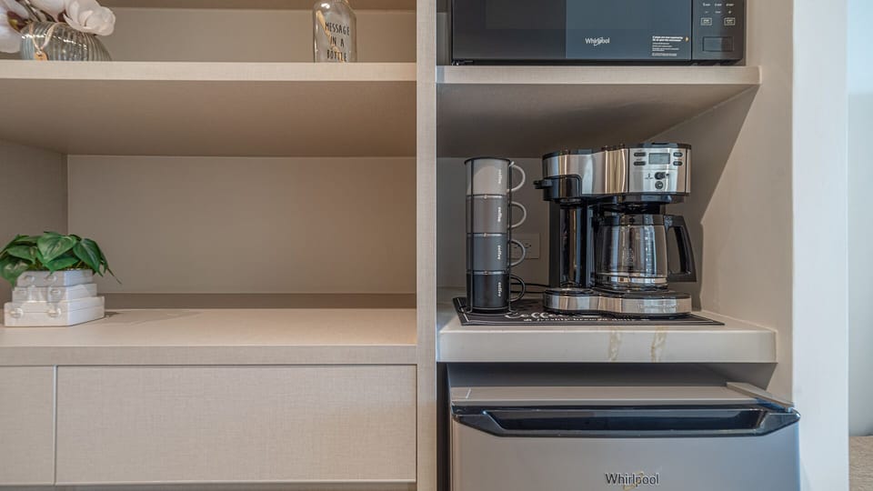 coffe maker, fridge, microwave