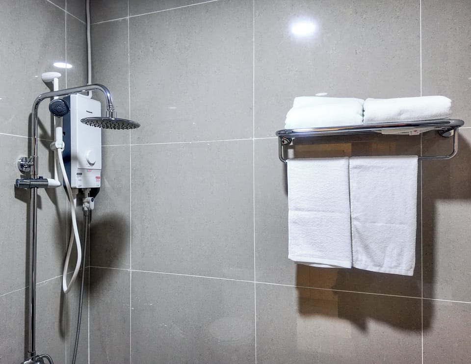 Deluxe Twin Room | Bathroom | Shower, hair dryer, towels, soap