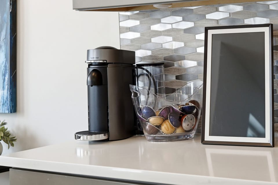 Enjoy fresh coffee with the in home Nespresso machine.