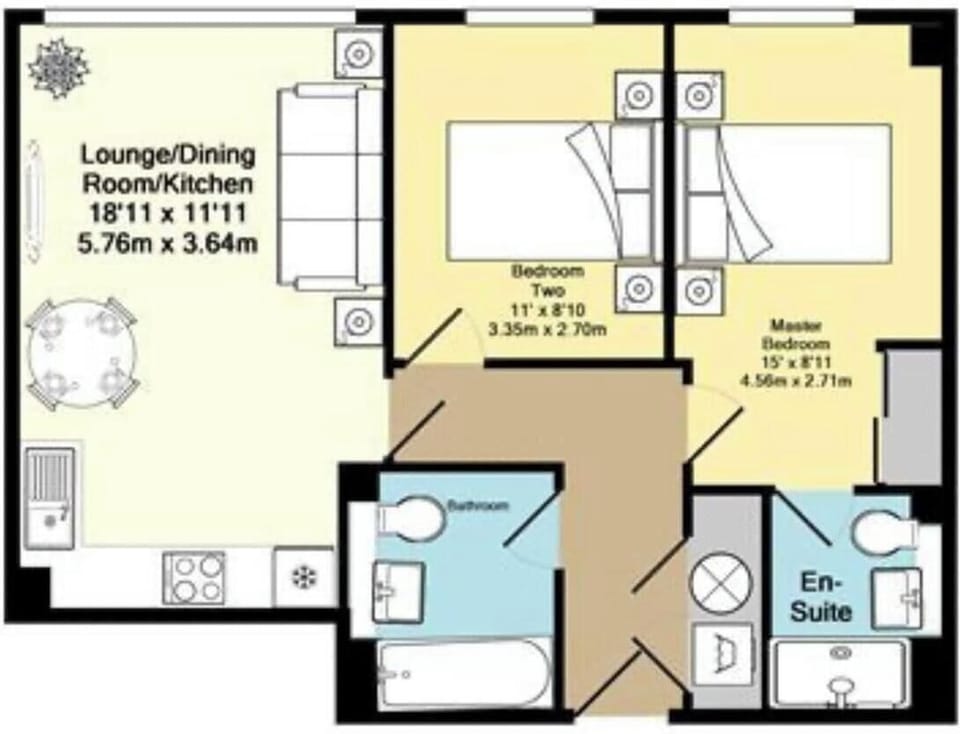 Floor Plan:
Layout showing the open-plan lounge, dining area and kitchen, two bedrooms, a main bathroom, and a master bedroom with en-suite.