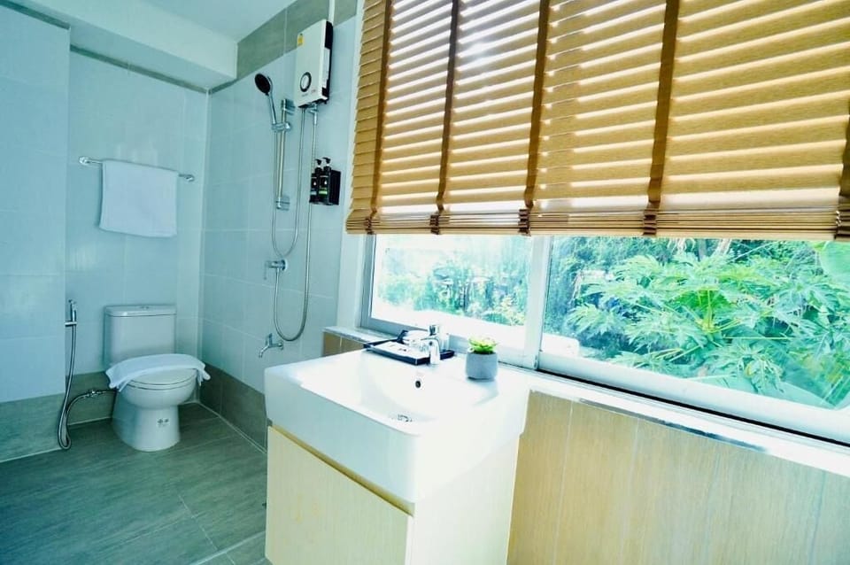 Hair dryer, towels, soap, shampoo