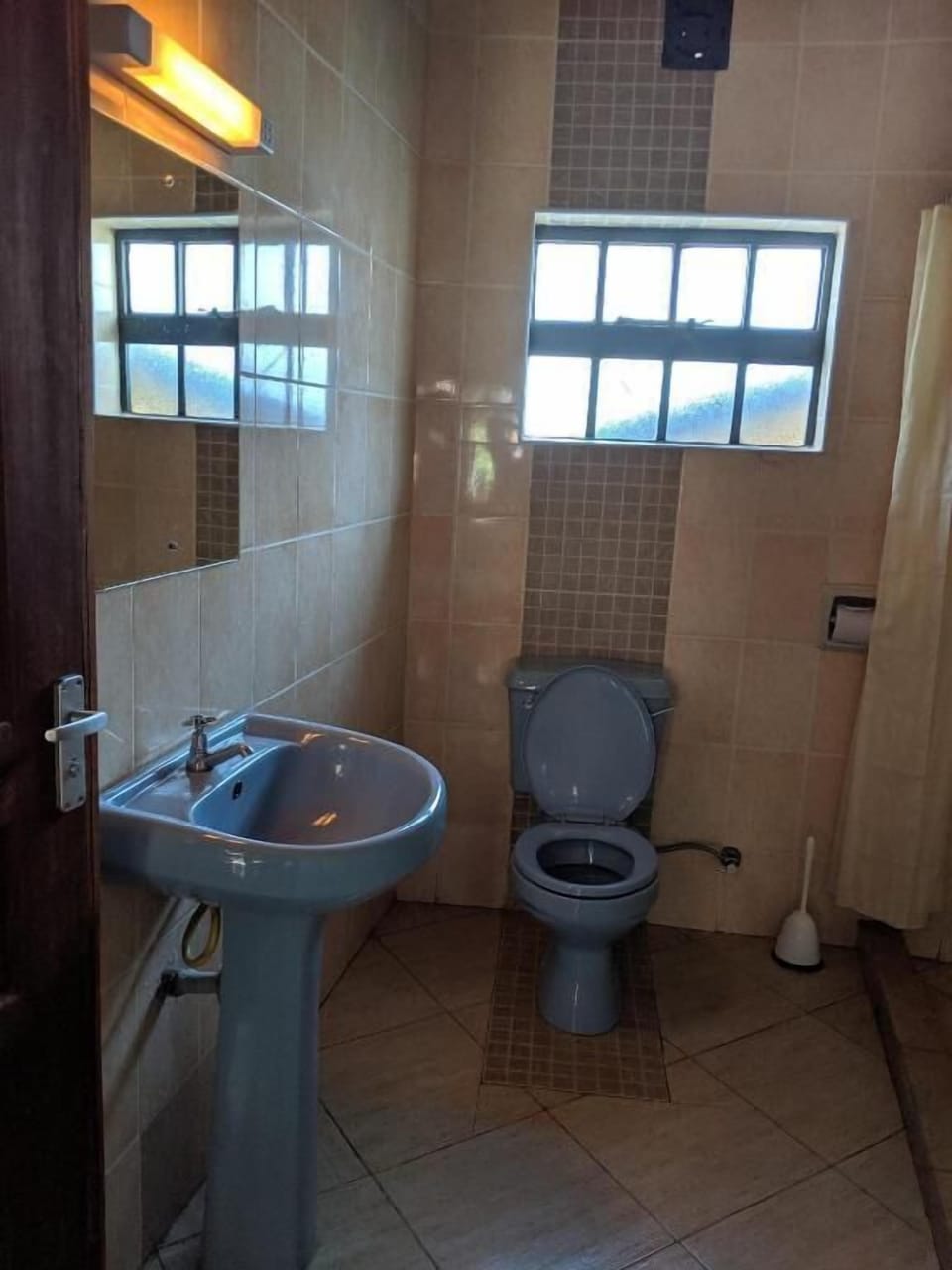Shower, slippers, towels, soap