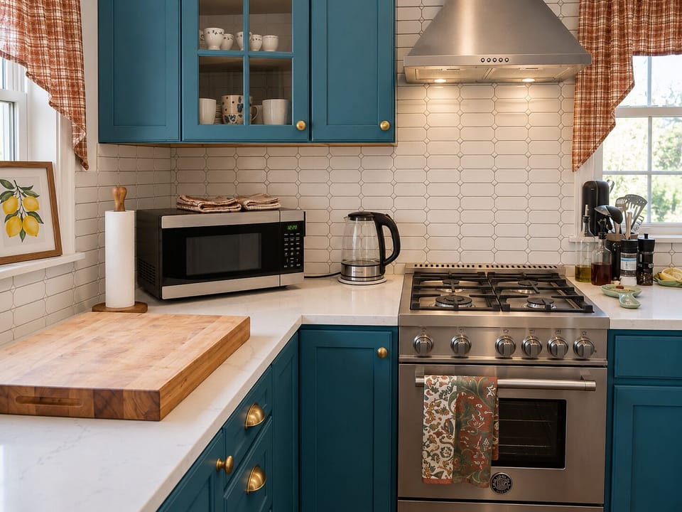 Blue cabinets, hex tile, and gas range that makes this kitchen worth cooking in