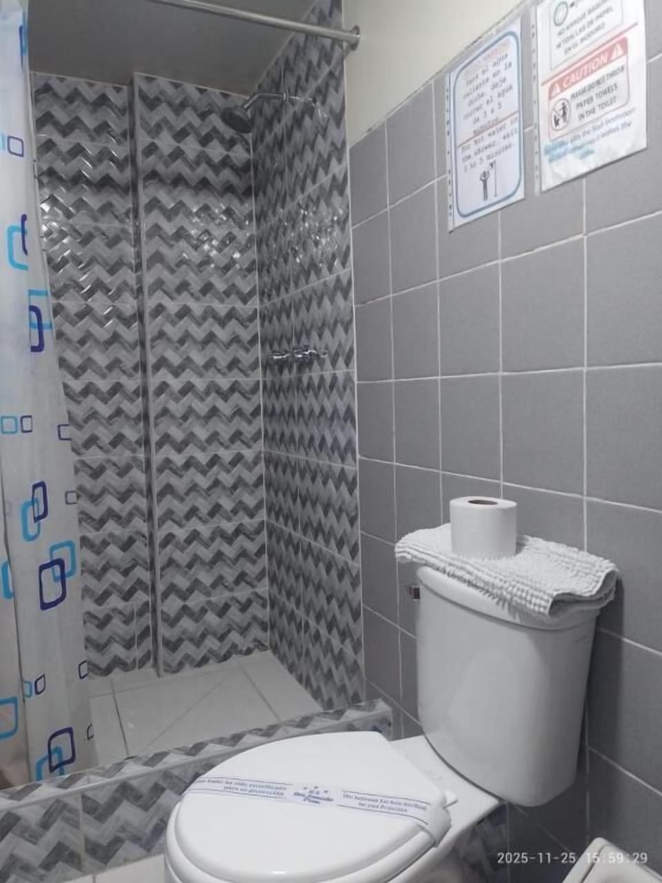 Shower, free toiletries, hair dryer, towels