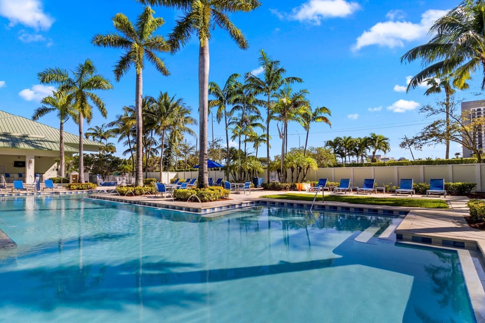 Large outdoor pool lined with palm trees and lounge chairs, perfect for enjoying sunny days.