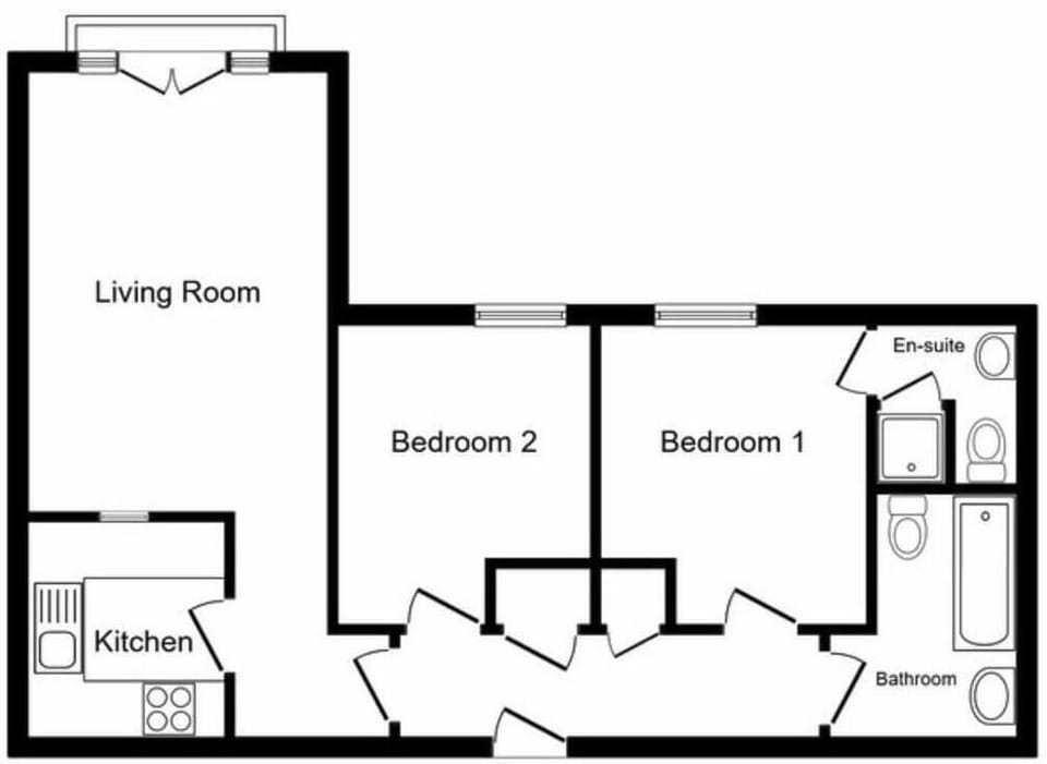 Floor Plan:
Layout showing the living room, kitchen, two bedrooms, main bathroom, and a master bedroom with private en-suite.
