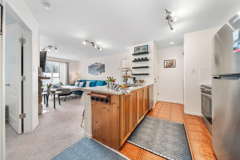 Fully stocked kitchen with stainless steel appliances, breakfast bar, dining space, gas fireplace, queen sofa bed, and bright mountain-view living area.