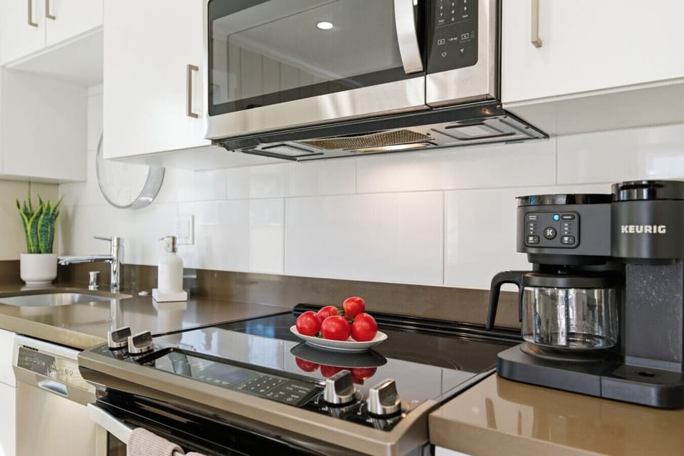Coffee maker and full cooking setup ready for slow Napa mornings before heading out to nearby wineries and vineyards.