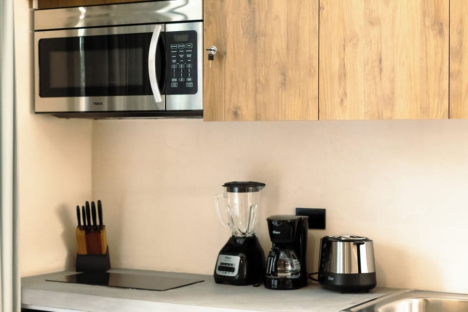 Deluxe Studio | Private kitchen | Mini-fridge, microwave, oven, stovetop