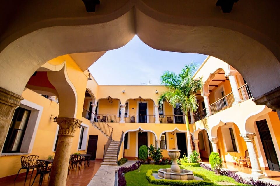 Look up at dramatic arches and breezy palms overhead.