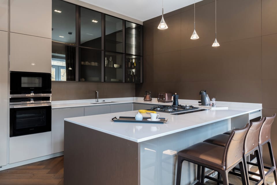 Luxury Apartment | Private kitchen | Fridge, microwave, oven, stovetop