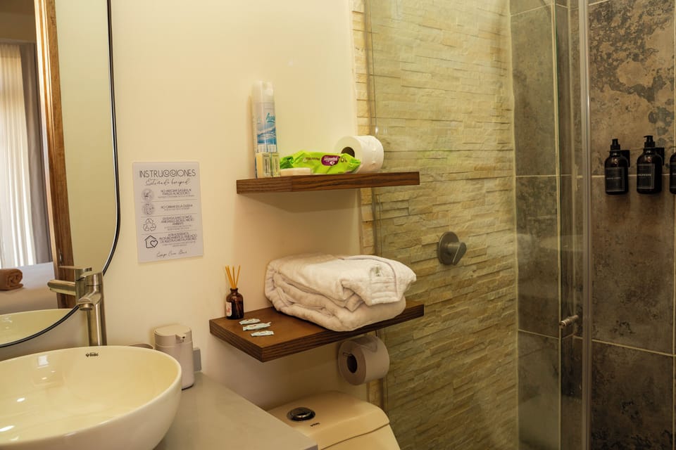 Shower, towels, soap, shampoo
