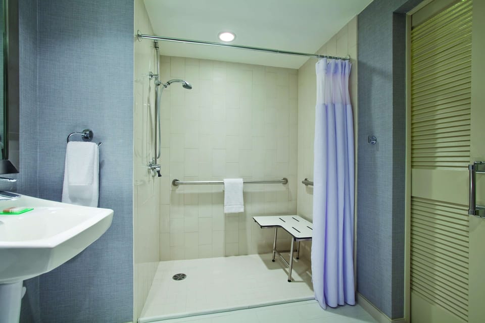 Room, 1 King Bed, Accessible (Shower) | Bathroom | Designer toiletries, hair dryer, towels