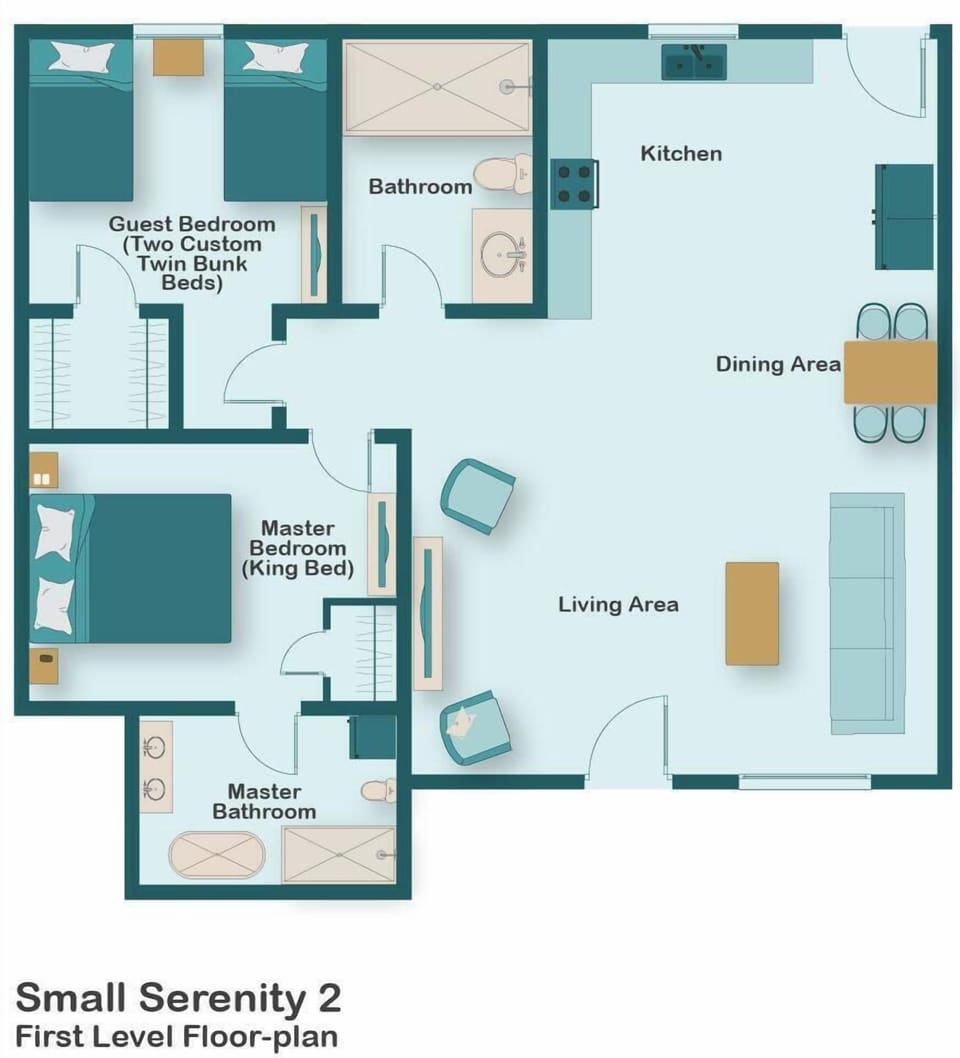 Small Serenity floorplan. Small Serenity 2 is Newly Remodeled and Professionally Designed in 2025 - New kitchen, bathrooms, flooring, furniture and appealing decor