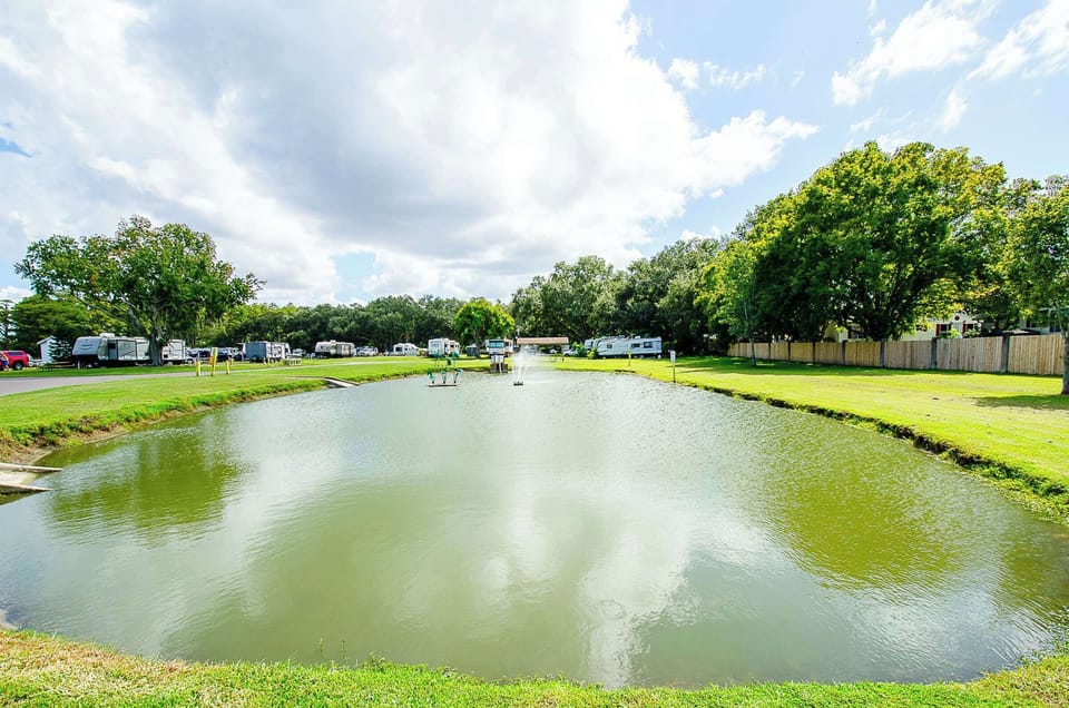 Scenic pond surrounded by greenery, offering tranquil water views