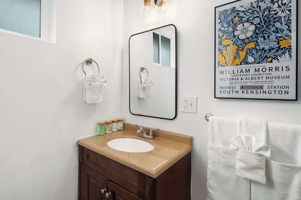 Refresh in a cozy, stylish bathroom with unique decorative touches and all the essentials you need.