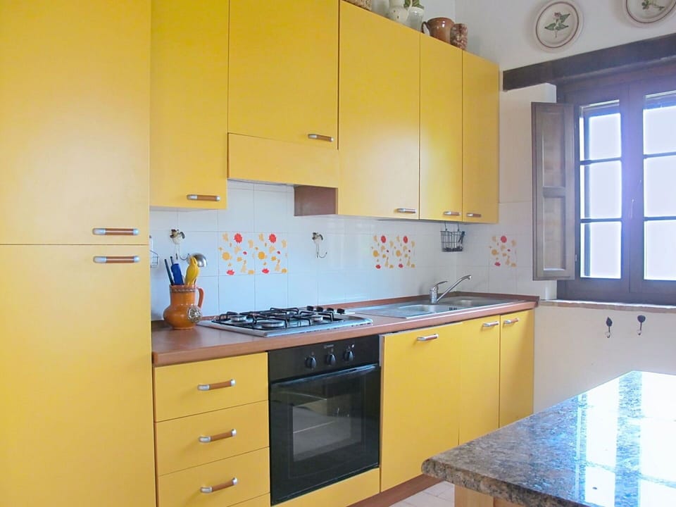 Kitchen, Wood, Yellow, Flooring, Kitchen Appliance, Major Appliance, Interior Design, Countertop, Cabinetry, Floor