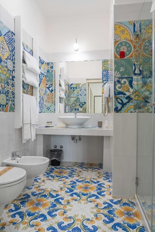 Shower, hair dryer, bidet, towels