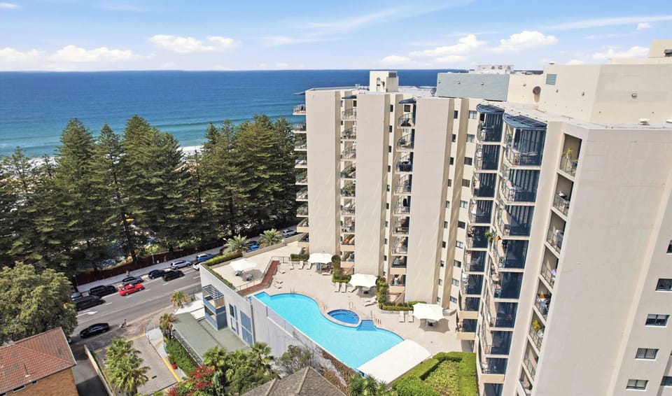 Building exterior with pool