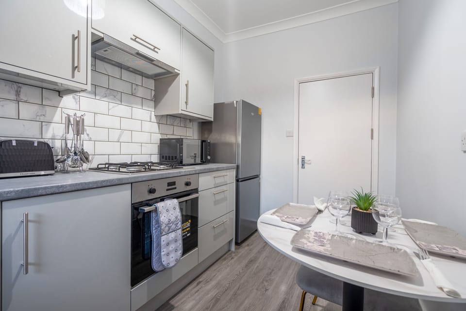 Fridge, microwave, oven, electric kettle
