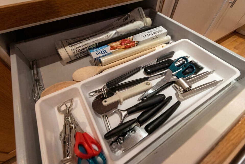 Kitchen drawers fully stocked with utensils, corkscrew and everything you need to cook from scratch.