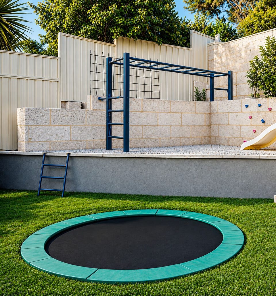 Entertainment Area : Backyard play space with an in-ground trampoline, climbing frame and slide, set behind the private pool area at Sant’s Beach Retreat.