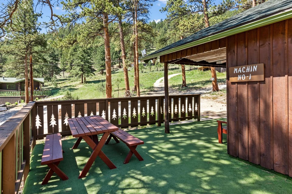 Outdoor deck with green artificial turf, wooden picnic table, and tree-shaped cutouts in the brown railing.