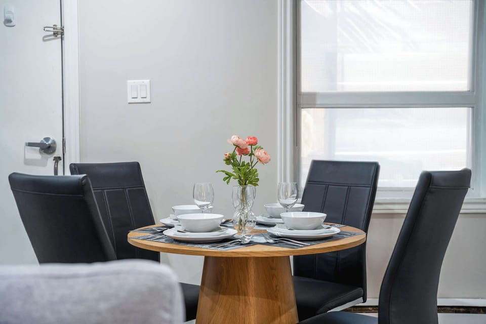 Dining table in the open living area.