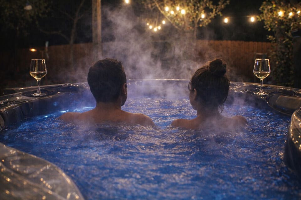 Unwind under the stars in the premium SB-610 hot tub — your Hill Country escape starts here