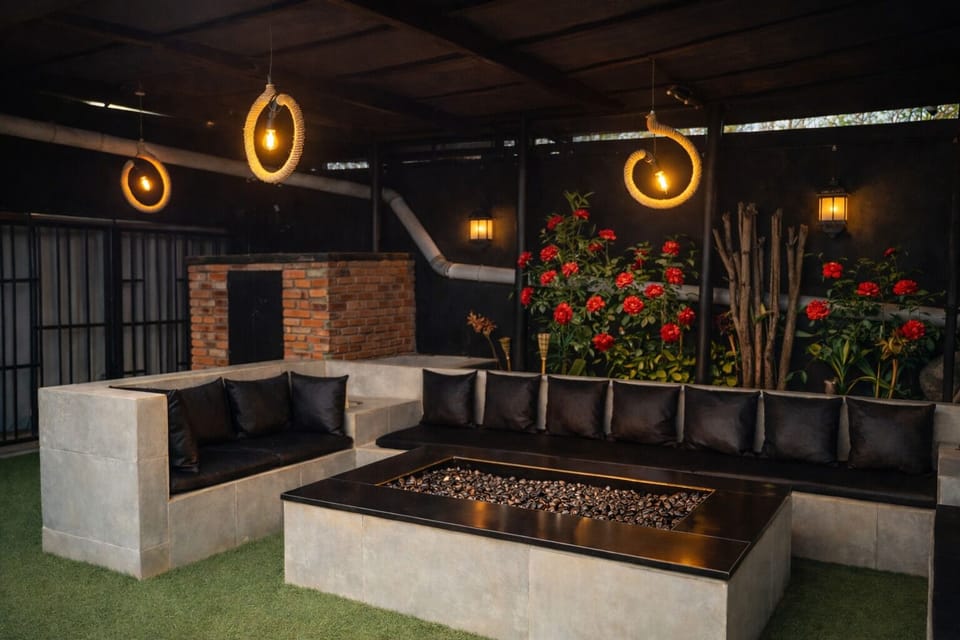 Garden seating area with warm evening lights