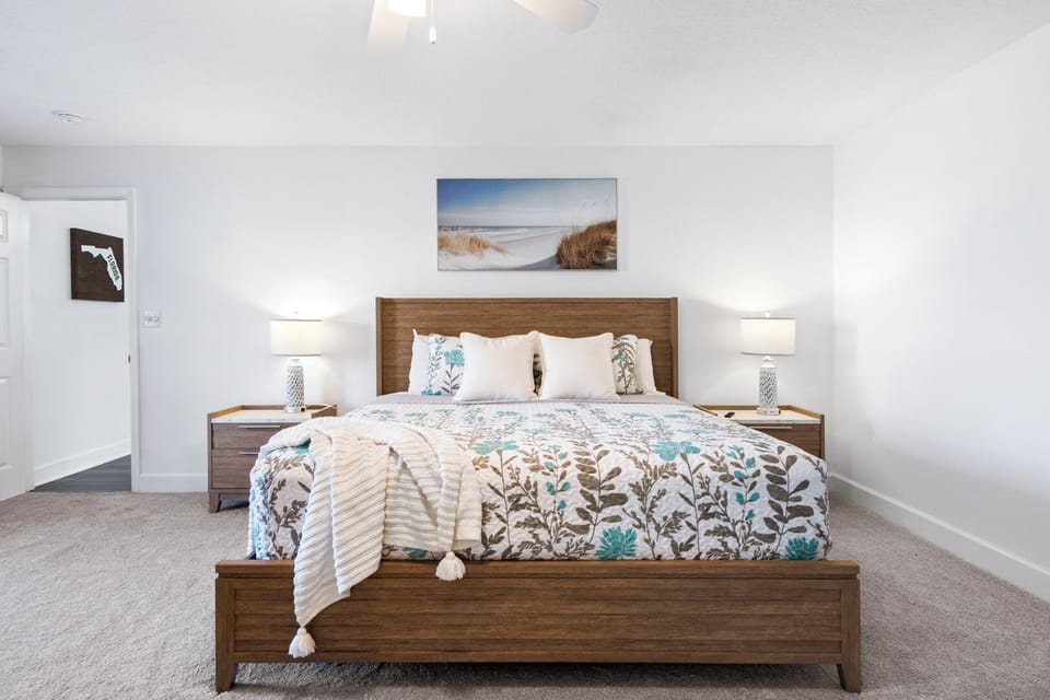 Master bedroom features a comfortable king bed