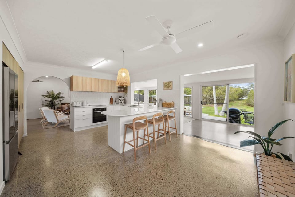 Bright open plan kitchen and dining area.