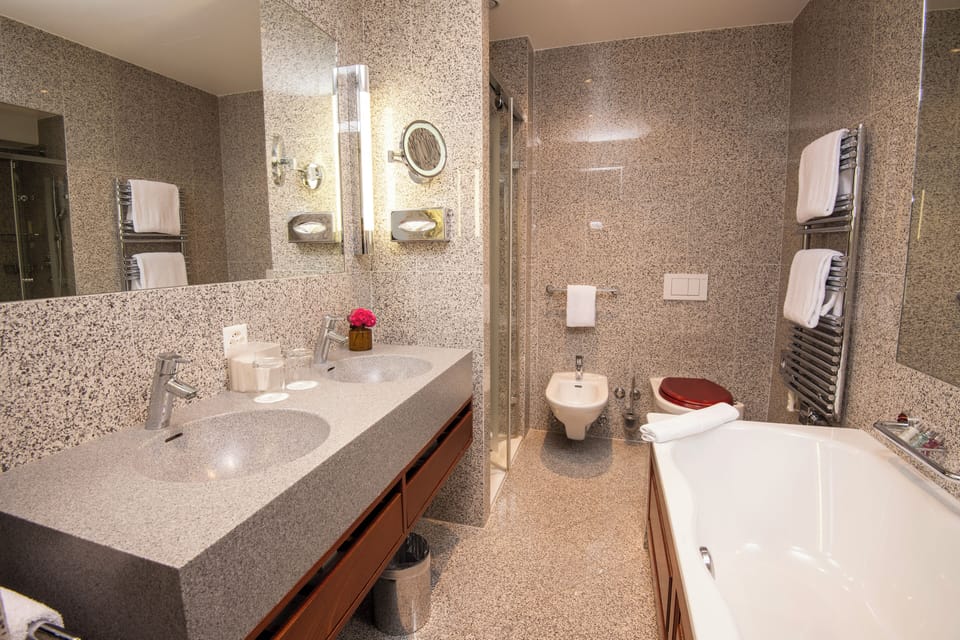 Luxury Room, Balcony, Partial Lake View | Bathroom | Hair dryer, towels, soap, shampoo