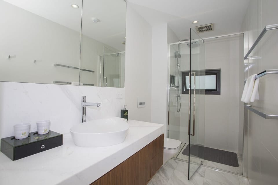 Spacious walk-in glass shower and contemporary vanity.