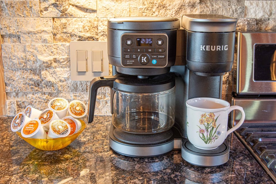 Coffee Area: Brew your morning coffee in style with our sleek Keurig and cozy cup collection!