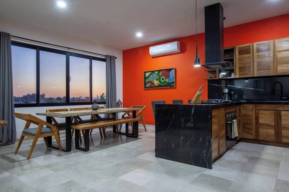 Modern kitchen with stunning views.