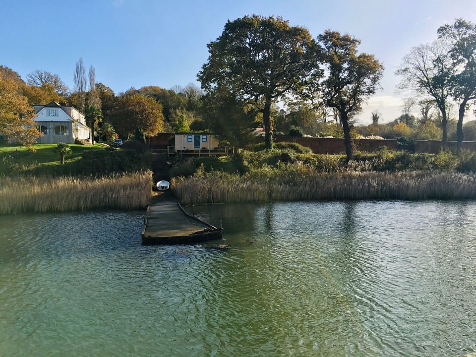 The private jetty at Wateredge Cabin, Hampshire