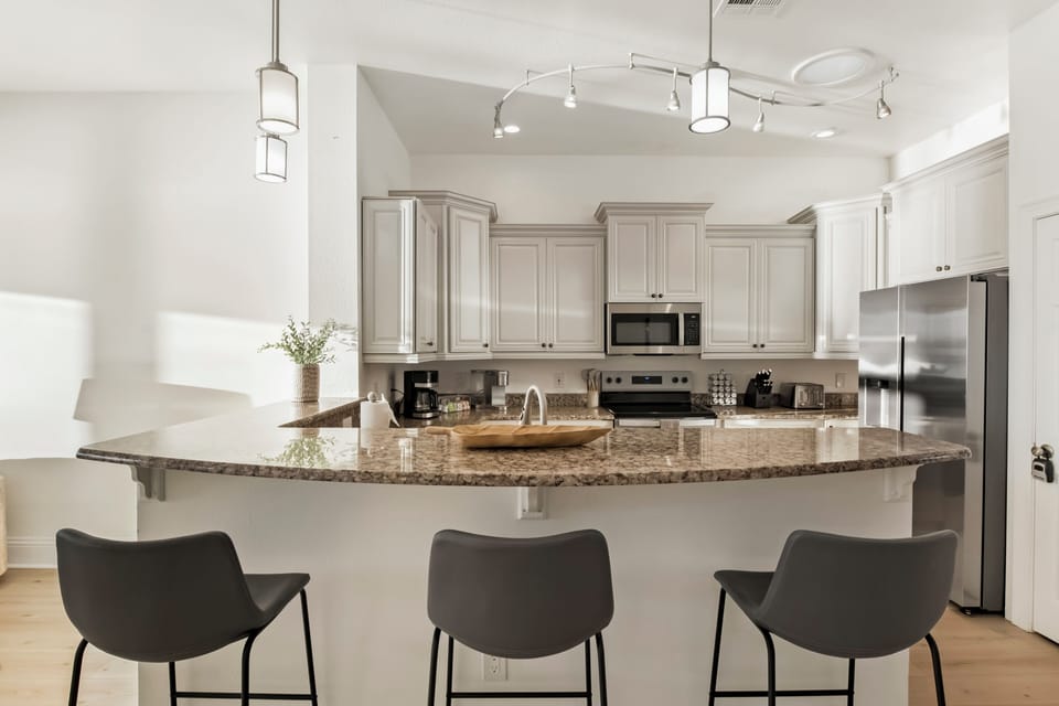 Bright kitchen island—perfect first stop after arrival